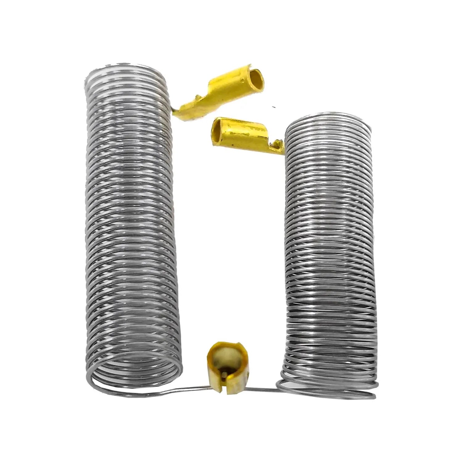Par de resistencias metálicas en espiral para regadera eléctrica, con conectores amarillos.