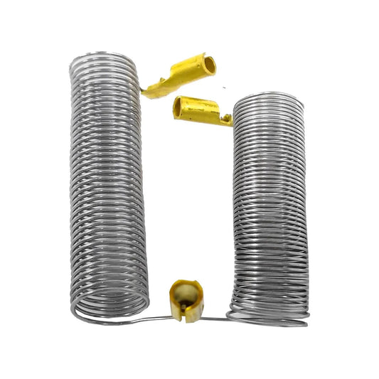Par de resistencias metálicas en espiral para regadera eléctrica, con conectores amarillos.