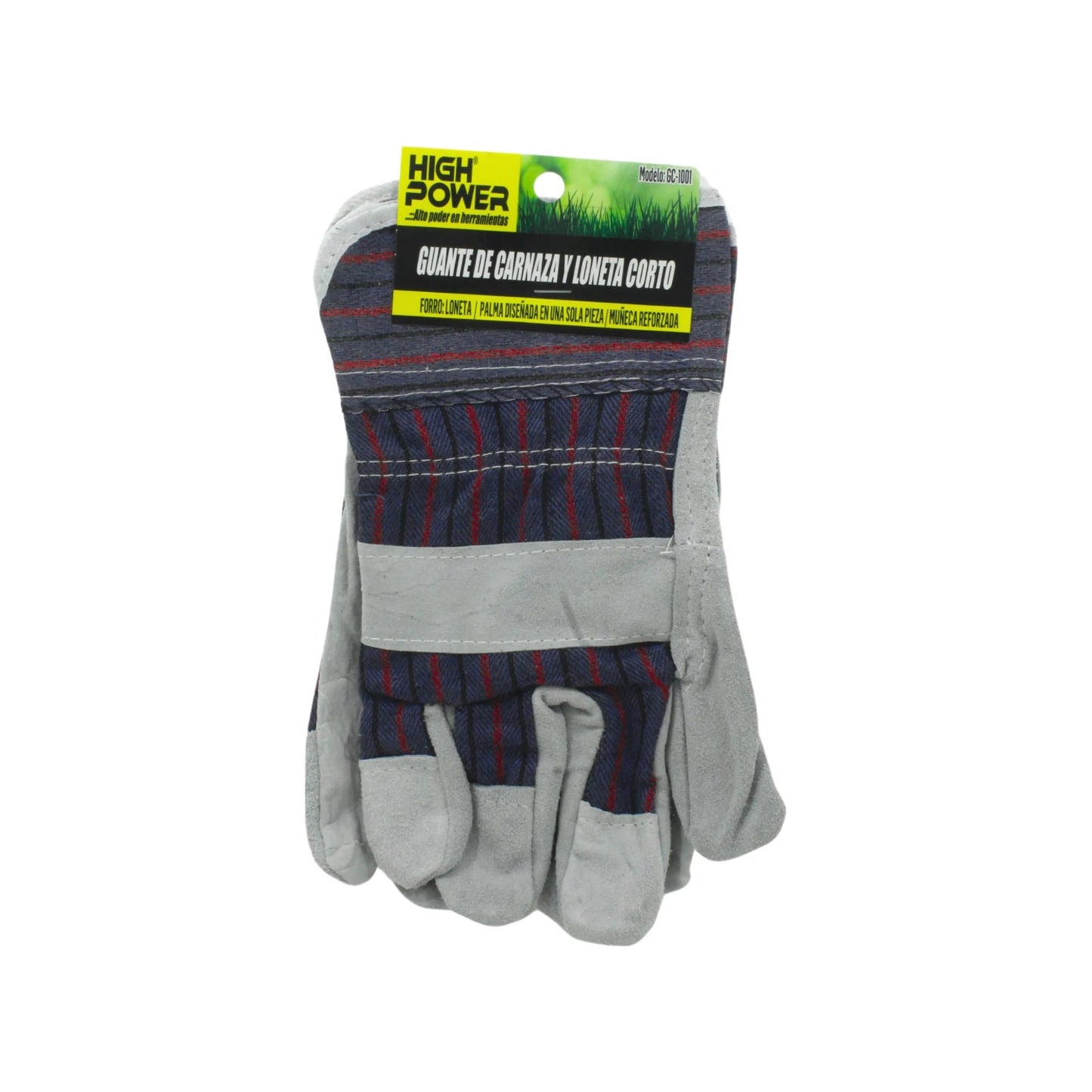 Guantes de trabajo High Power de carnaza y loneta, cortos, gris y azul, para protección manual en ferretería