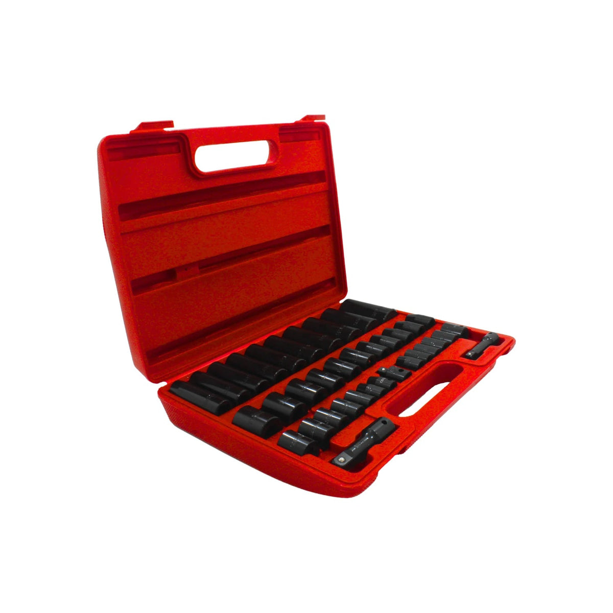 Juego de dados y extensiones negros en estuche rojo de 38 piezas, para mecánica automotriz.