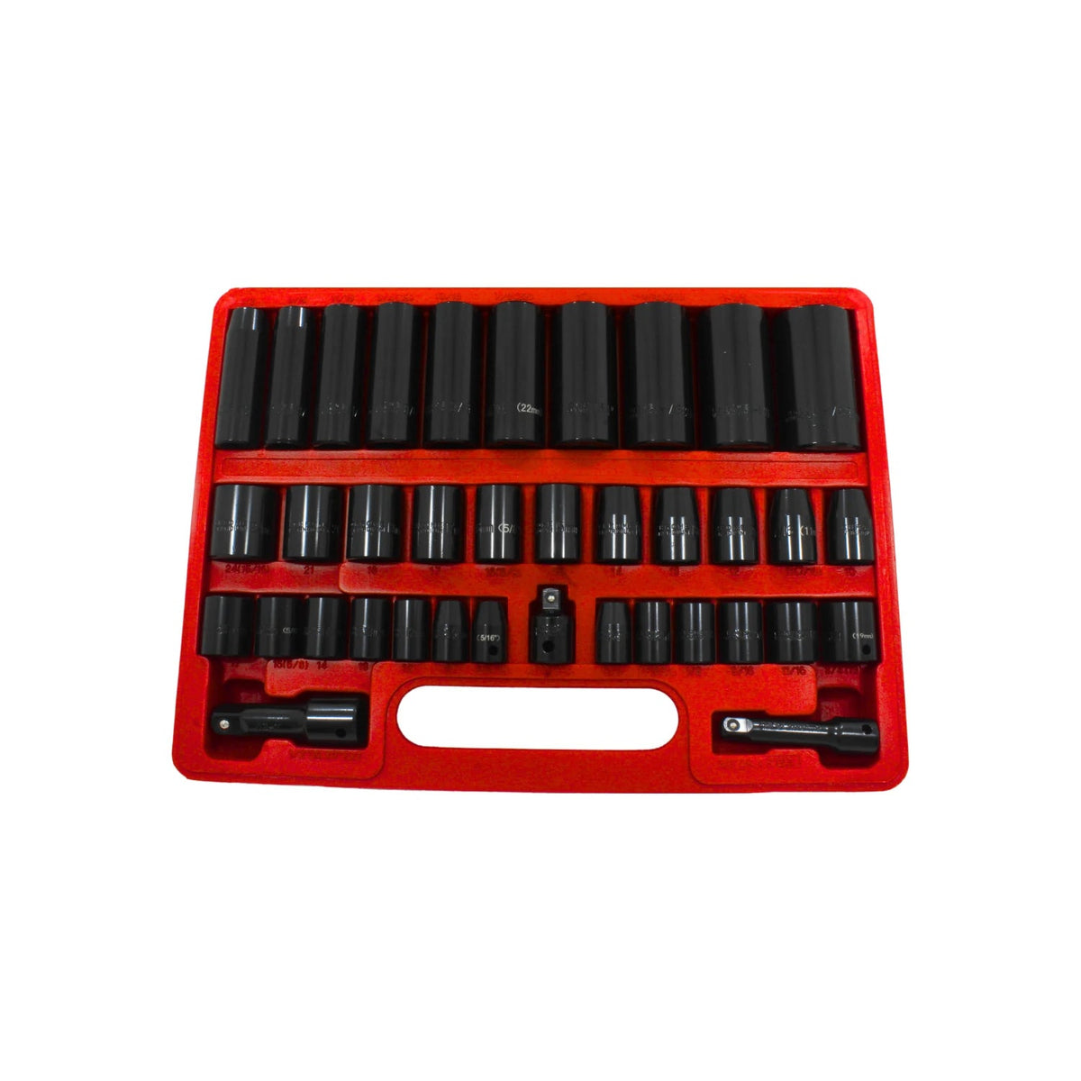 Juego de dados de impacto largos negros para uso profesional, medidas métricas y SAE, con extensiones en estuche rojo.