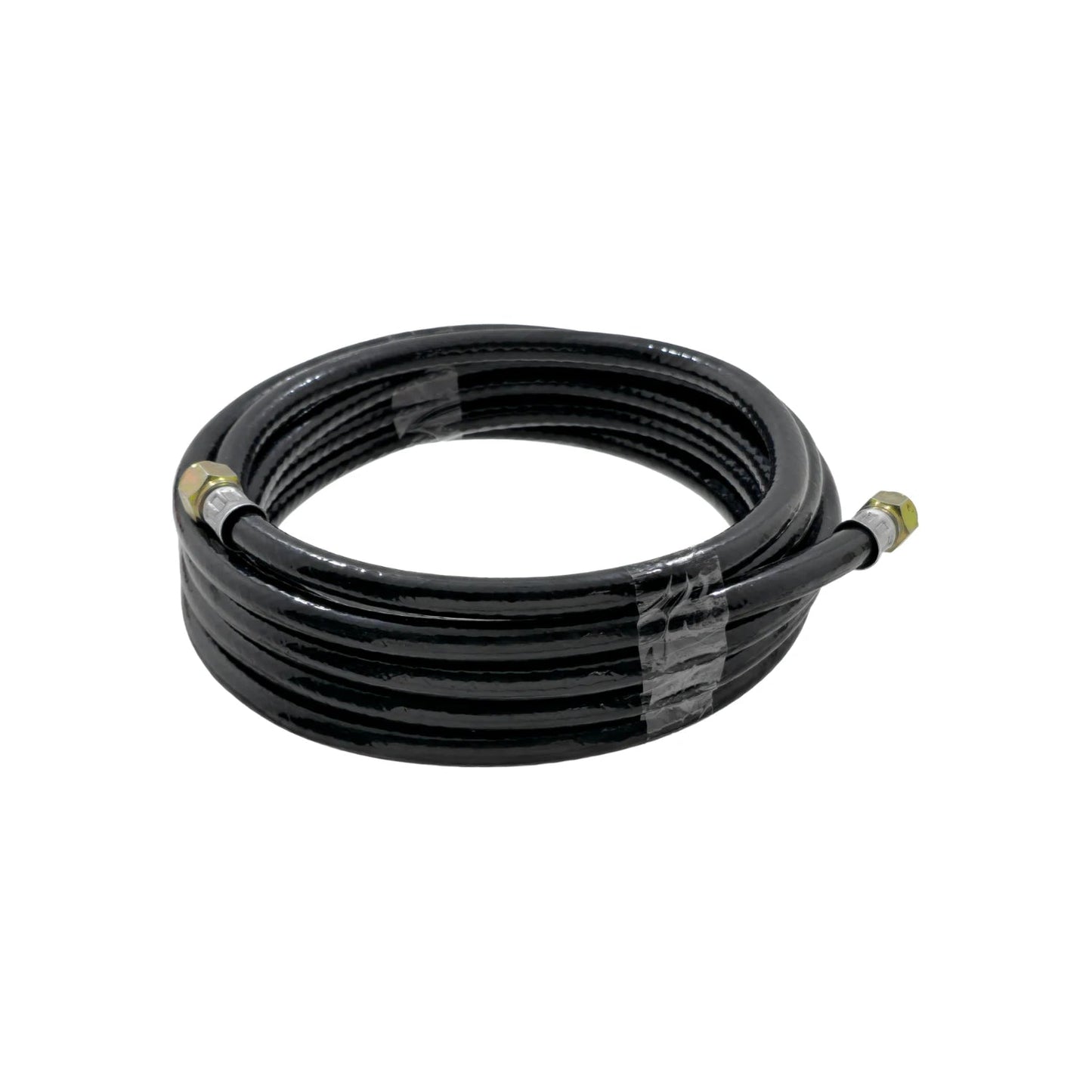 Manguera negra de PVC para compresora de aire, 1/4" x 5m, con conectores metálicos.