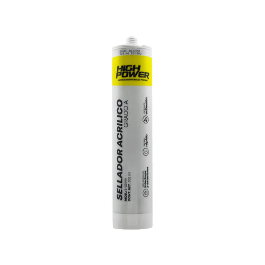 Sellador acrílico blanco High Power 300ml Grado A, adhesión superior, secado rápido, interiores y exteriores.