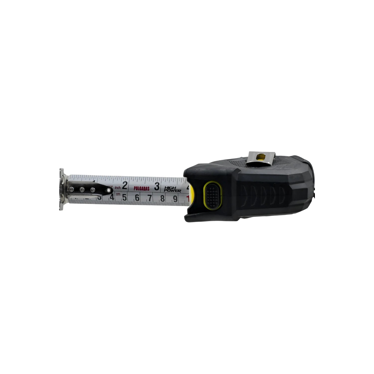 Flexómetro High Power negro con cinta métrica de 7.5 metros, medidas en pulgadas y centímetros, herramienta profesional