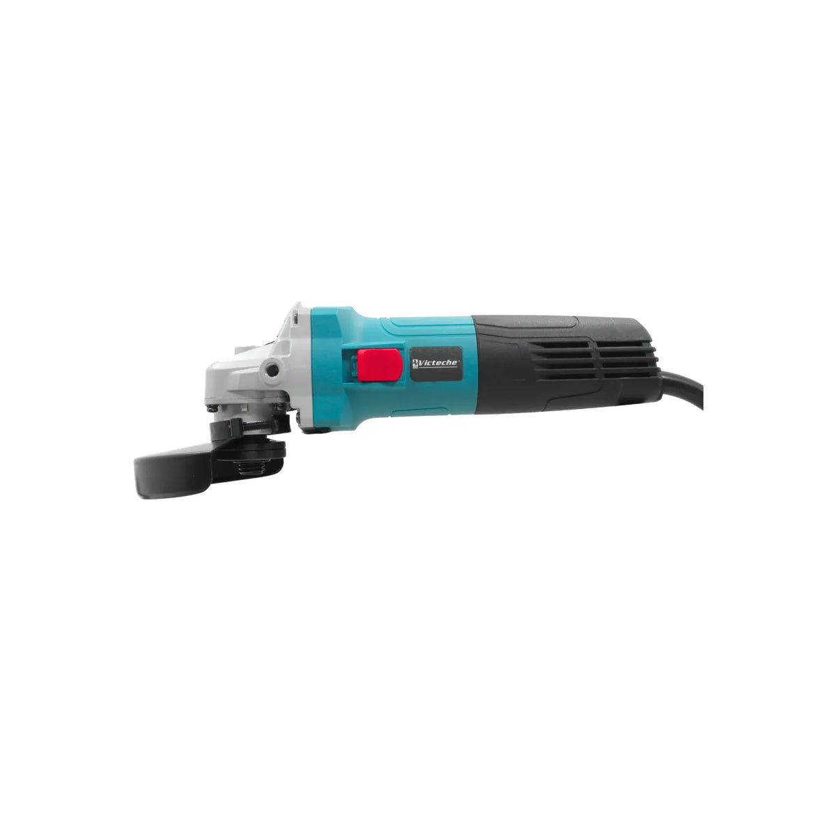 Esmeril angular Victeche turquesa y negro con interruptor lateral rojo y protector de seguridad para discos.