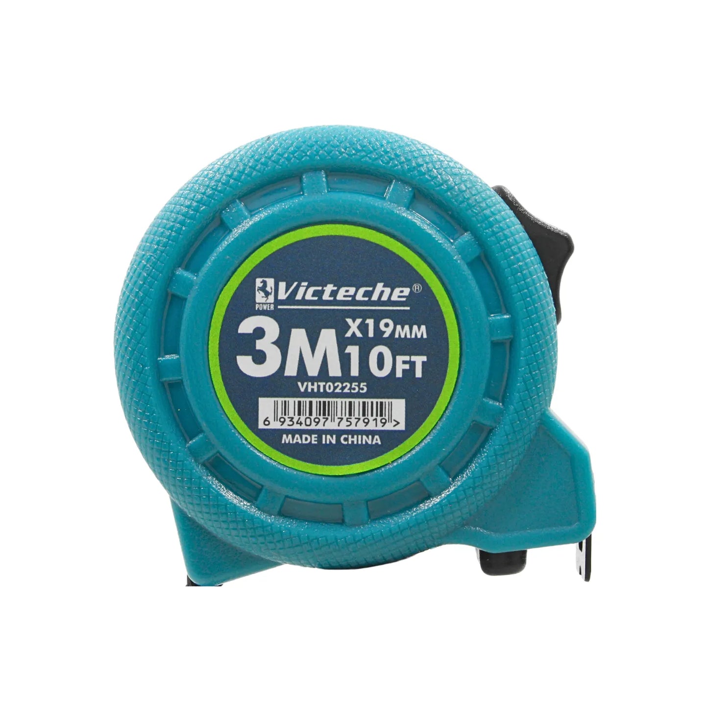 Cinta métrica Victeche 3M 10FT x 19mm turquesa con carcasa de goma antideslizante para mediciones precisas.
