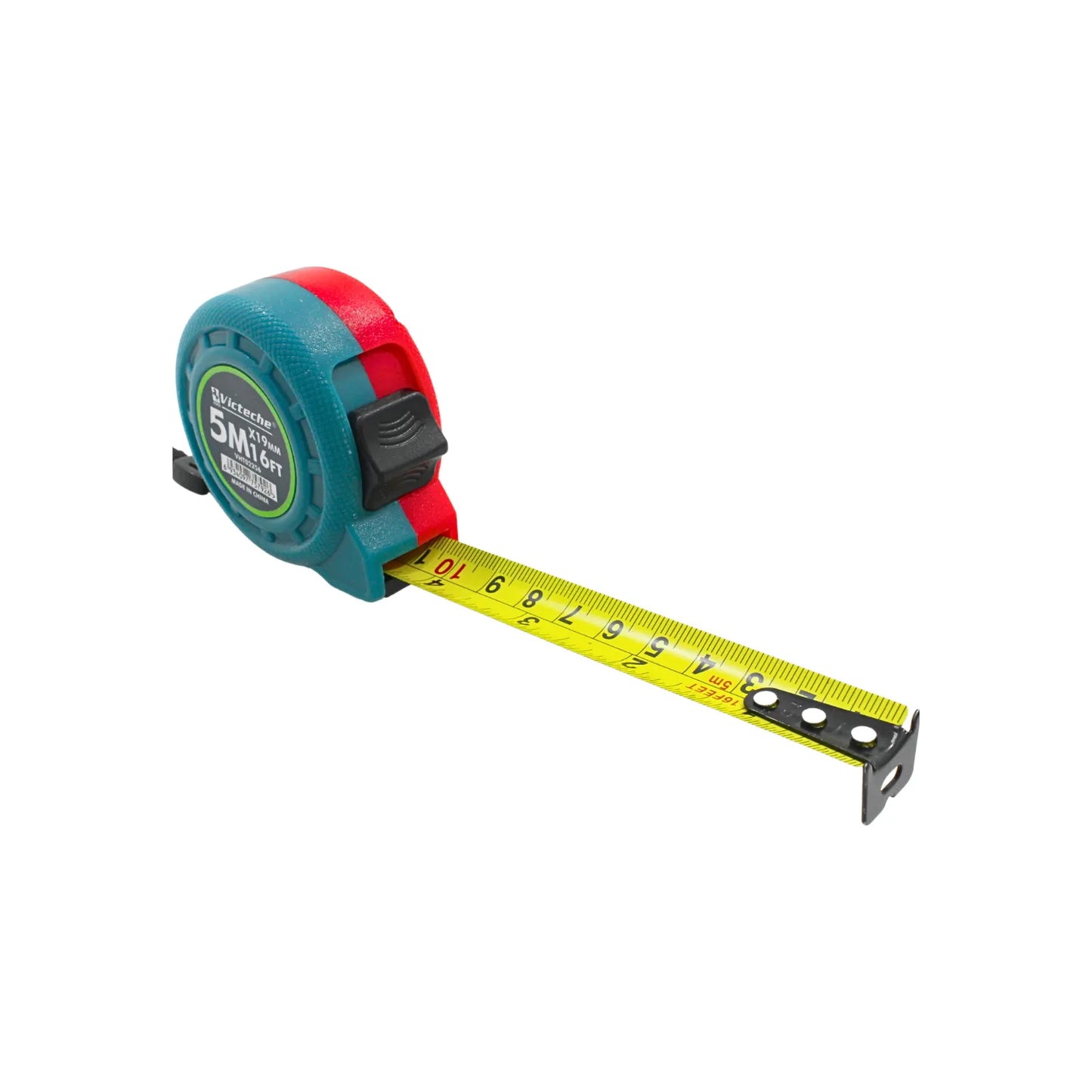Flexómetro Victeche 5 metros y 16 pies con cinta amarilla retráctil y carcasa ergonómica color verde y rojo.