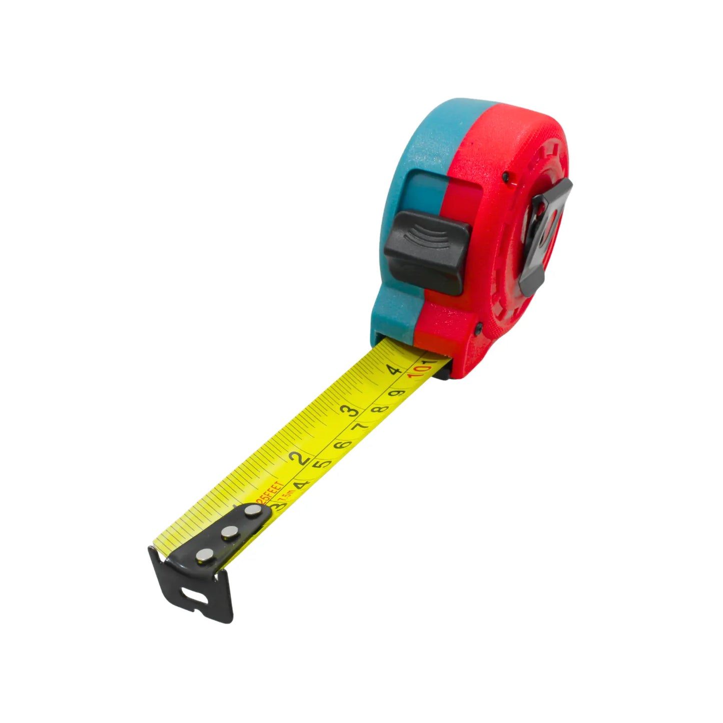 Flexómetro 7.5m y 25 pies con cinta amarilla graduada y carcasa ergonómica bicolor roja y azul para construcción