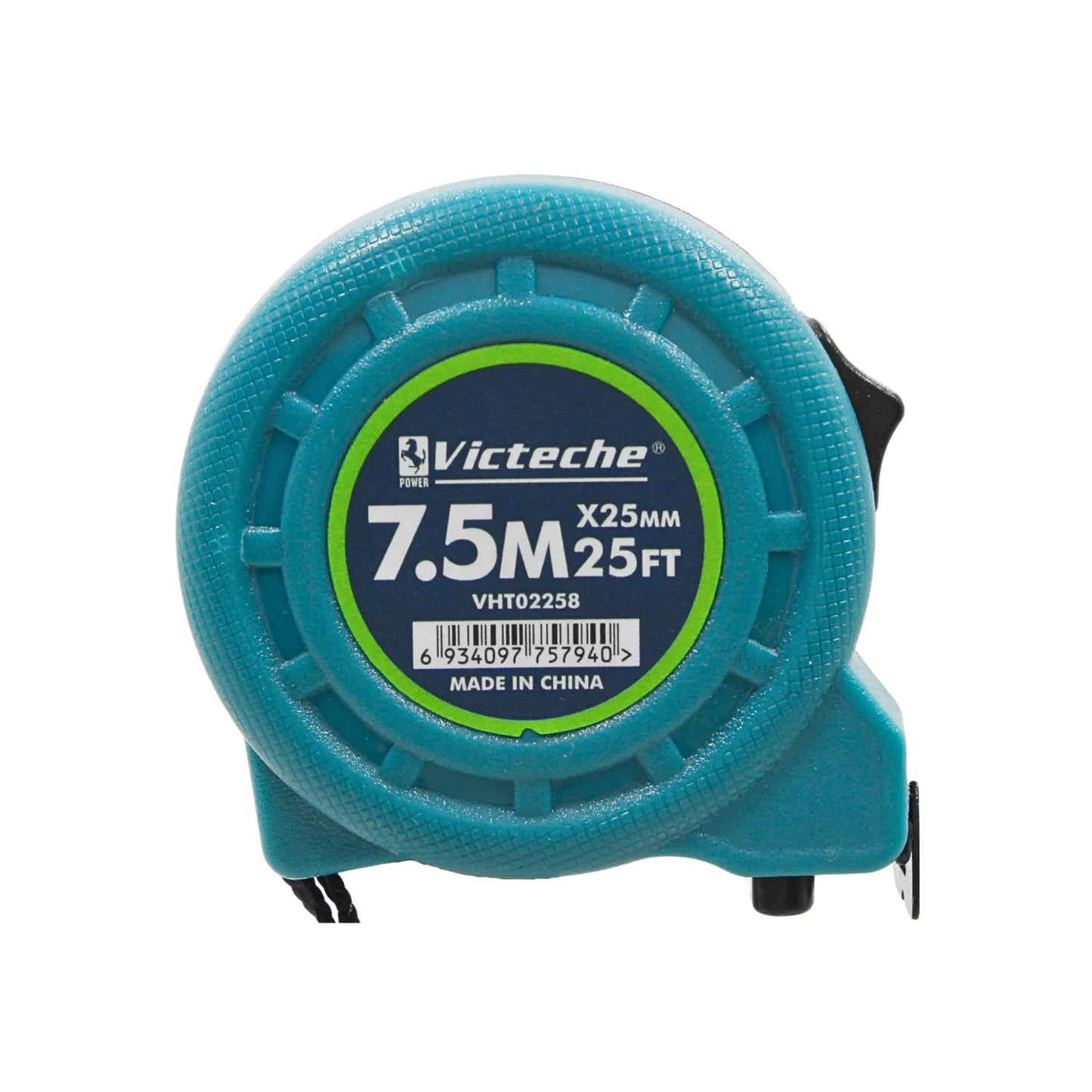 Flexómetro Victeche de 7.5m y 25ft con cinta de 25mm de ancho y carcasa engomada color turquesa.