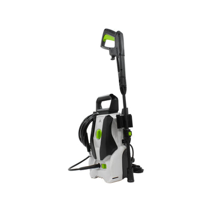 Hidrolavadora eléctrica 1400W compacta, blanca y negra con detalles verdes para limpieza potente de exteriores.