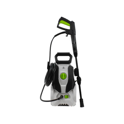 Hidrolavadora eléctrica compacta blanca y negra con detalles verdes, pistola de alta presión y manguera para limpieza.