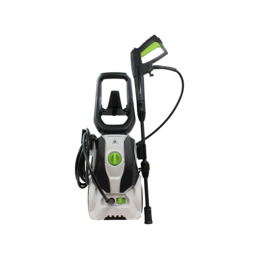 Hidrolavadora eléctrica 1800W de alta presión en blanco y negro con manguera y pistola, ideal para limpieza.