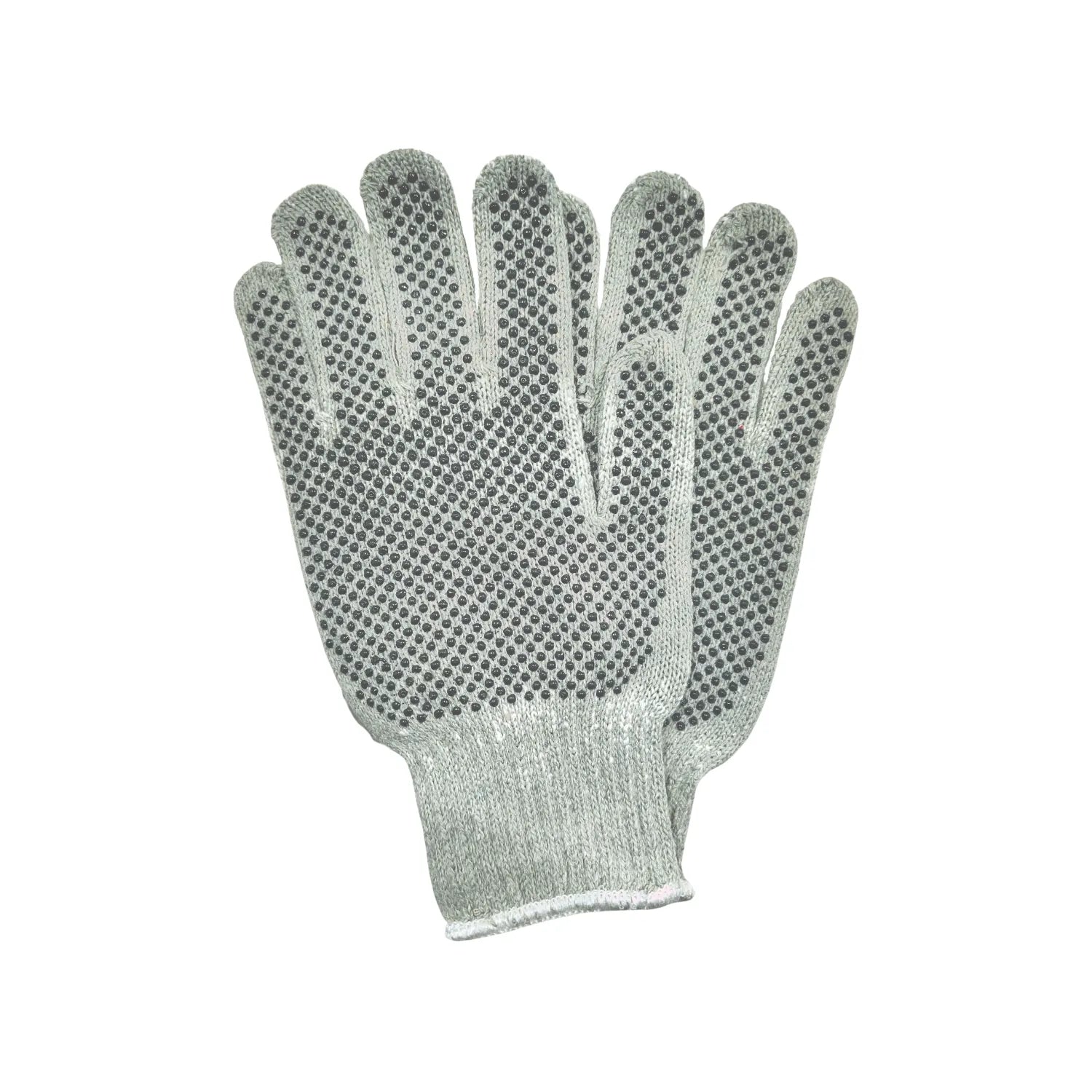 Guantes de trabajo antideslizantes grises con puntos de PVC, ideales para agarre y protección manual.