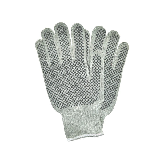 Guantes de trabajo antideslizantes grises con puntos de PVC, ideales para agarre y protección manual.