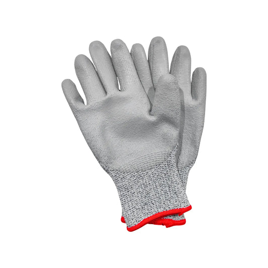 Guantes de trabajo anticorte gris con recubrimiento de poliuretano y puño elástico rojo para protección laboral.