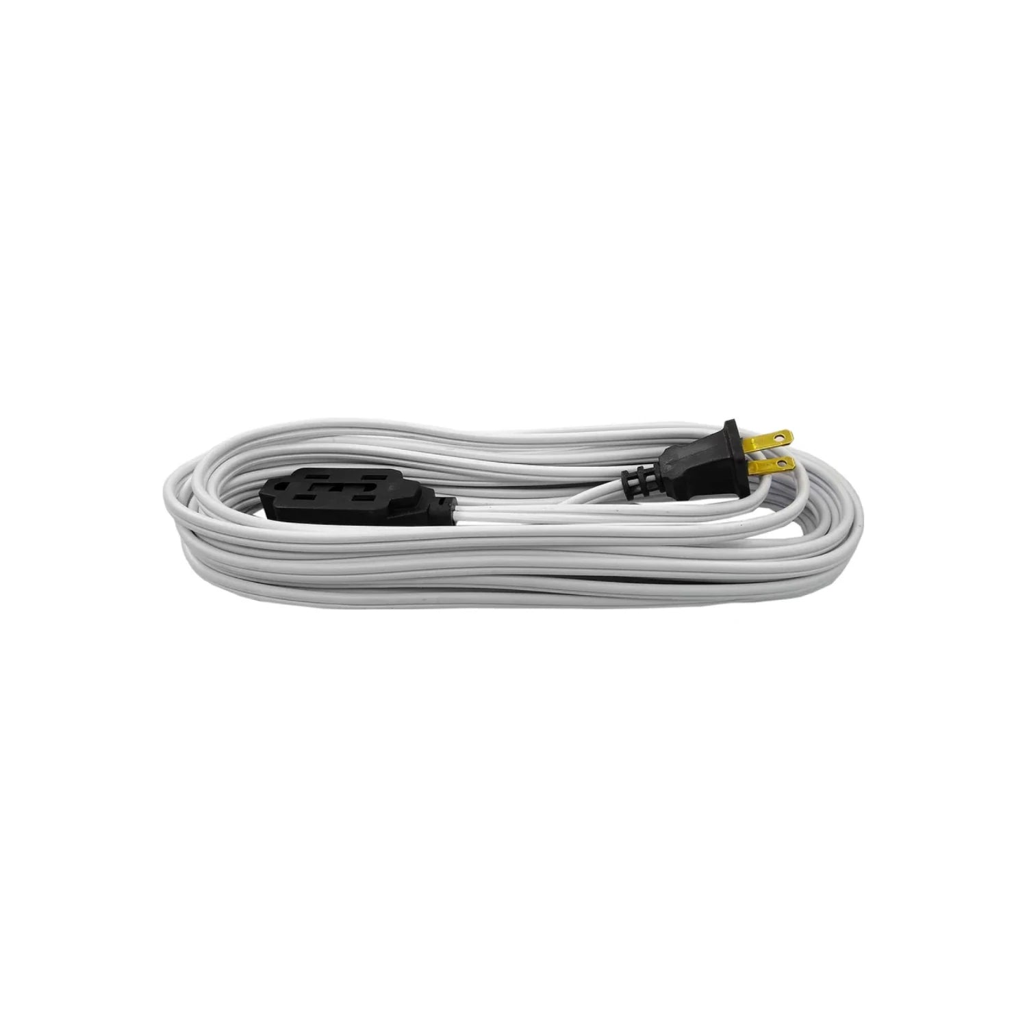 Extensión eléctrica blanca de 8 metros, cable enrollado con enchufe 3 polos y 3 contactos para uso interior.