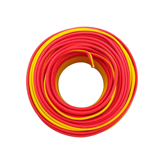 Rollo de cable eléctrico bicolor rojo y amarillo. Ideal para conexiones e instalaciones eléctricas.