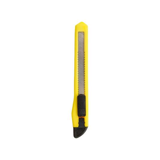 Cúter amarillo con cuchilla retráctil segmentada, herramienta de corte manual para cartón, papel y plásticos.