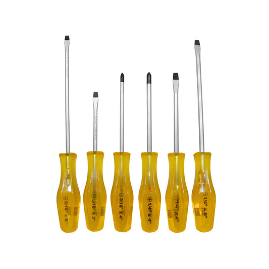 Juego de 6 destornilladores planos y Phillips con mango ergonómico amarillo transparente de alta resistencia.