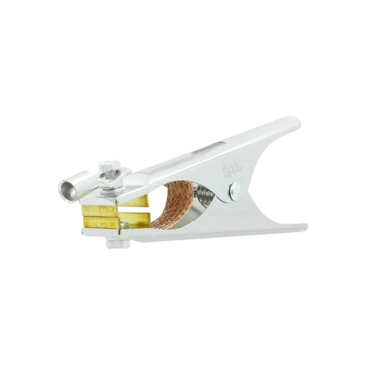 Pinza de masa profesional marca Keer para soldadura con mordazas de latón y puente de cobre trenzado.