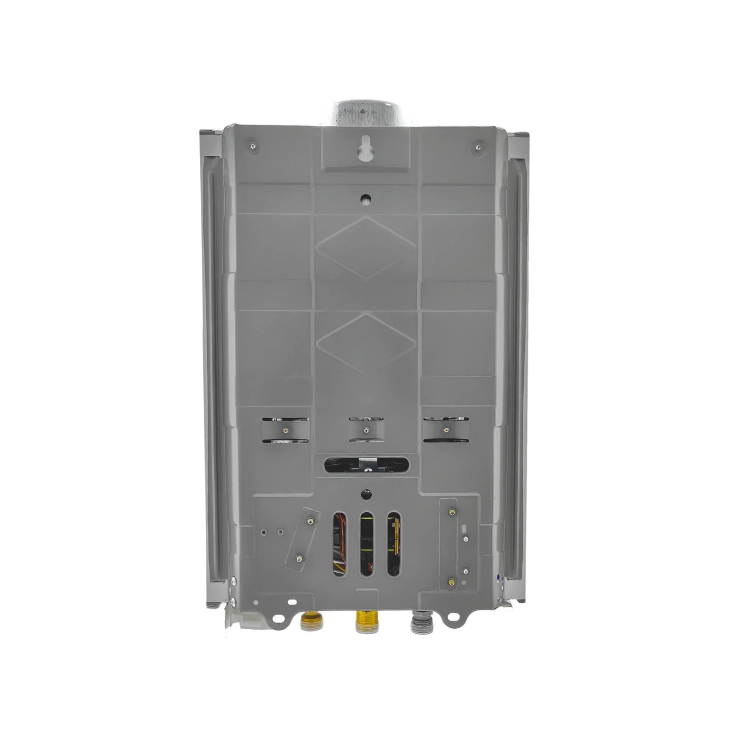 Parte trasera boiler instantáneo de 4.5 litros gris con conexiones de gas y agua, soportes de montaje.