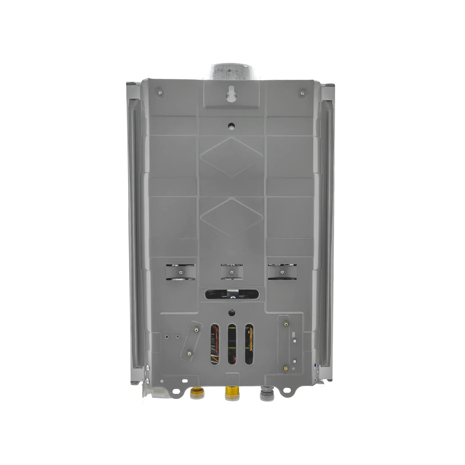 Parte trasera boiler instantáneo de 4.5 litros gris con conexiones de gas y agua, soportes de montaje.