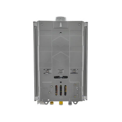 Parte trasera boiler instantáneo de 4.5 litros gris con conexiones de gas y agua, soportes de montaje.