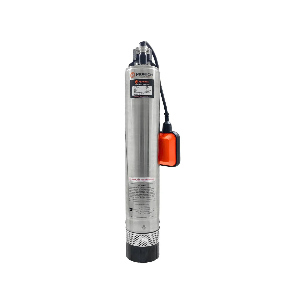 Bomba sumergible tipo bala MÜNICH 1 HP acero inoxidable con flotador naranja para pozo profundo