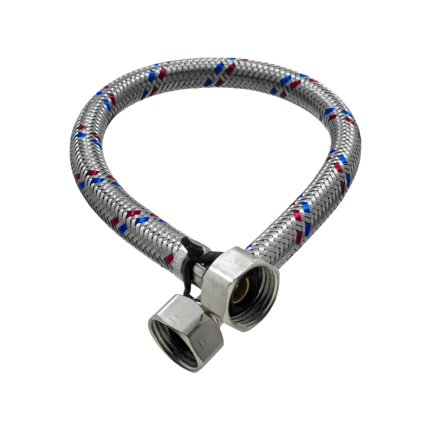 Manguera flexible trenzada de acero inoxidable con hilos rojos y azules para conexión de agua en lavabo o fregadero