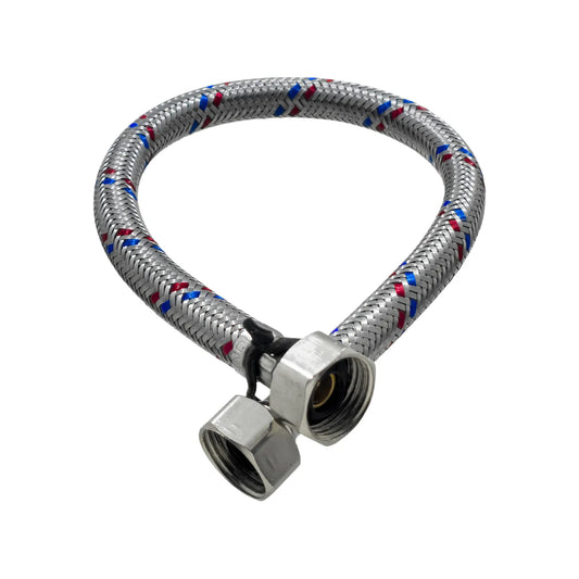 Manguera flexible trenzada de acero inoxidable con hilos rojos y azules para conexión de agua en lavabo o fregadero