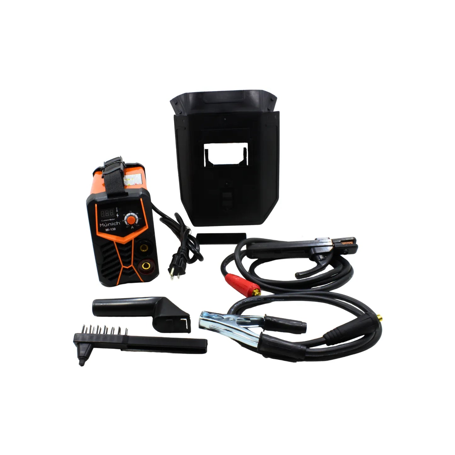 Soldadora inversora Múnich MI-130 de 130A naranja con máscara, pinzas y accesorios para soldadura eléctrica.