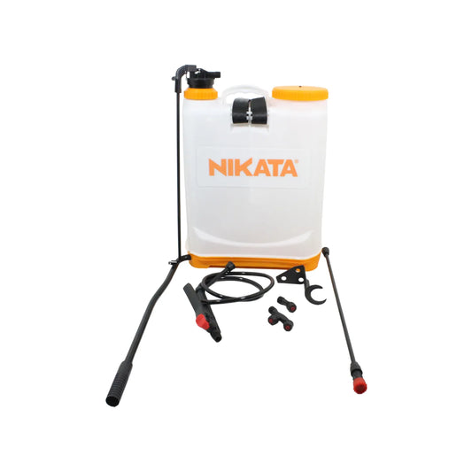 Mochila pulverizadora agrícola Nikata blanca y naranja con lanza de presión, manguera y boquillas de repuesto para jardín
