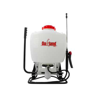 Pulverizador de mochila Oakland manual blanco con palanca lateral y lanza metálica para fumigación y riego.