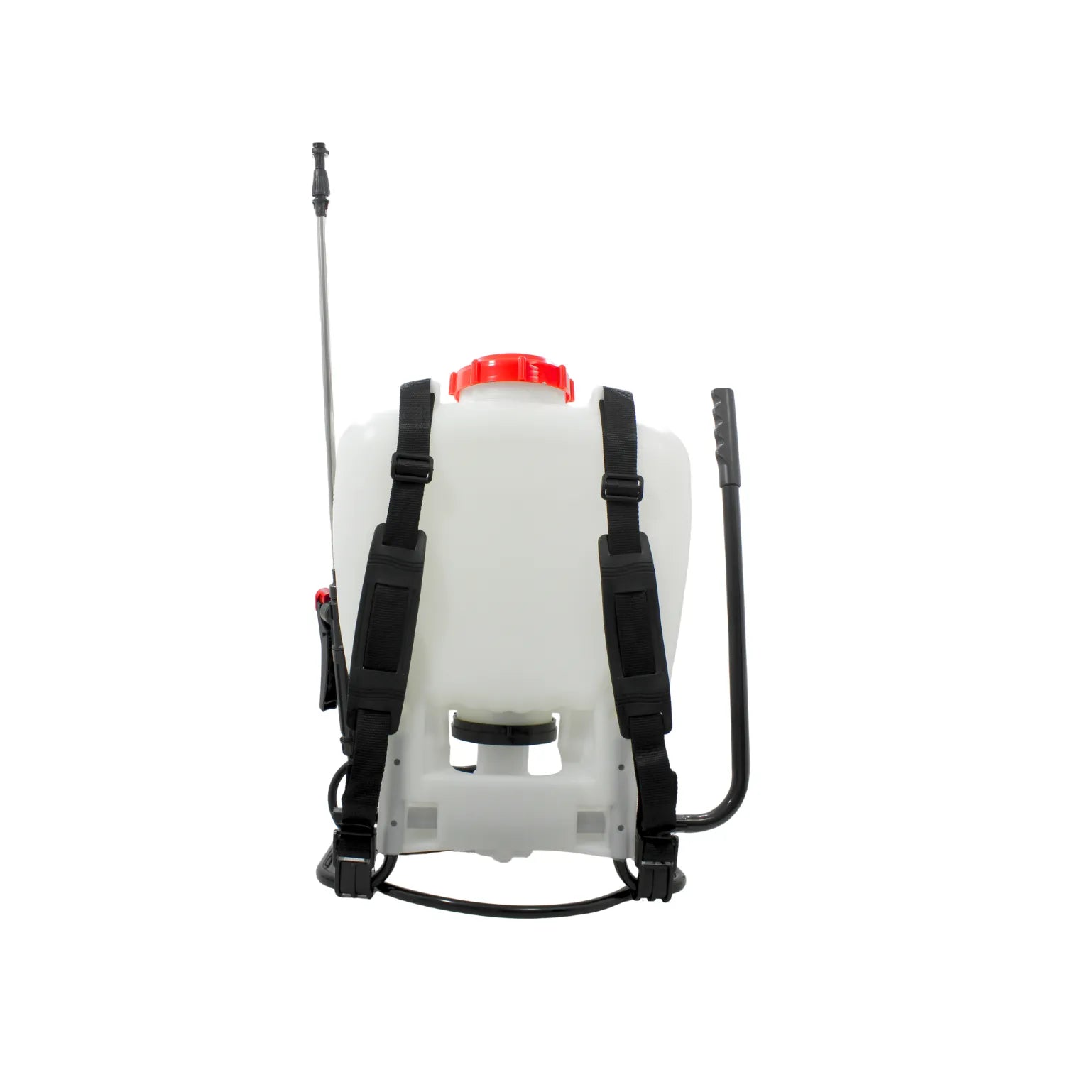 Fumigadora manual de mochila blanca con tapa roja, palanca de presión y correas para jardín o agricultura