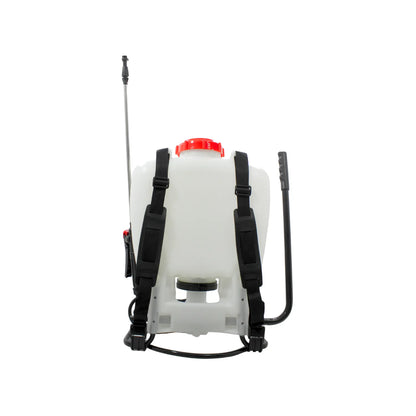 Fumigadora manual de mochila blanca con tapa roja, palanca de presión y correas para jardín o agricultura