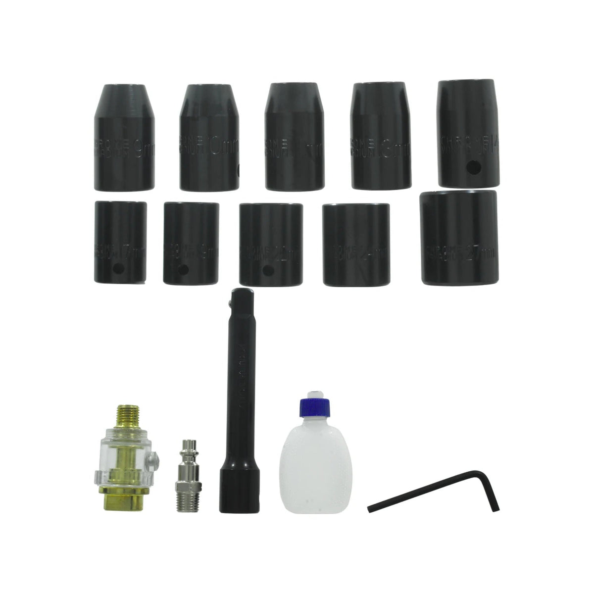 Juego de 10 dados de impacto negros (9-27mm), lubricador de línea de aire, extensión y accesorios.