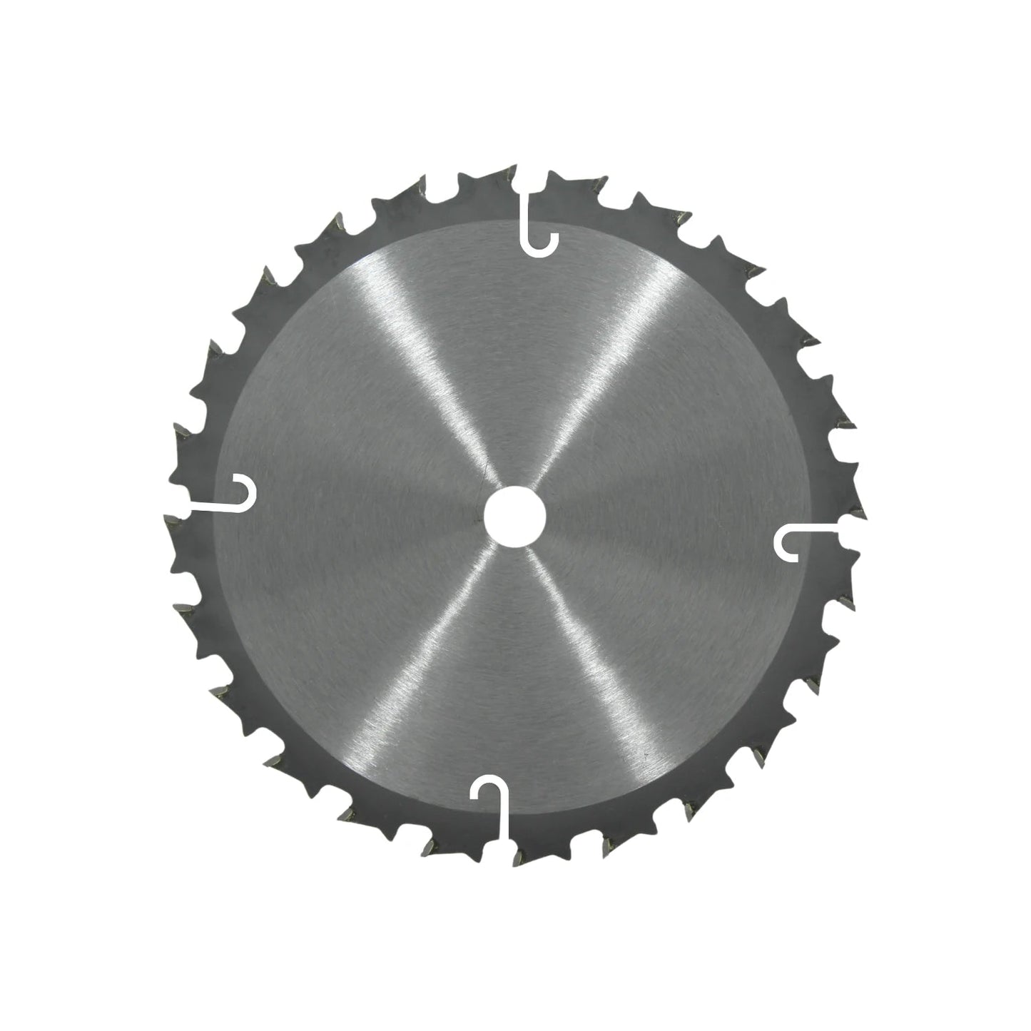 Disco de sierra circular de metal con dientes afilados y ranuras, para cortes precisos en madera y otros materiales.