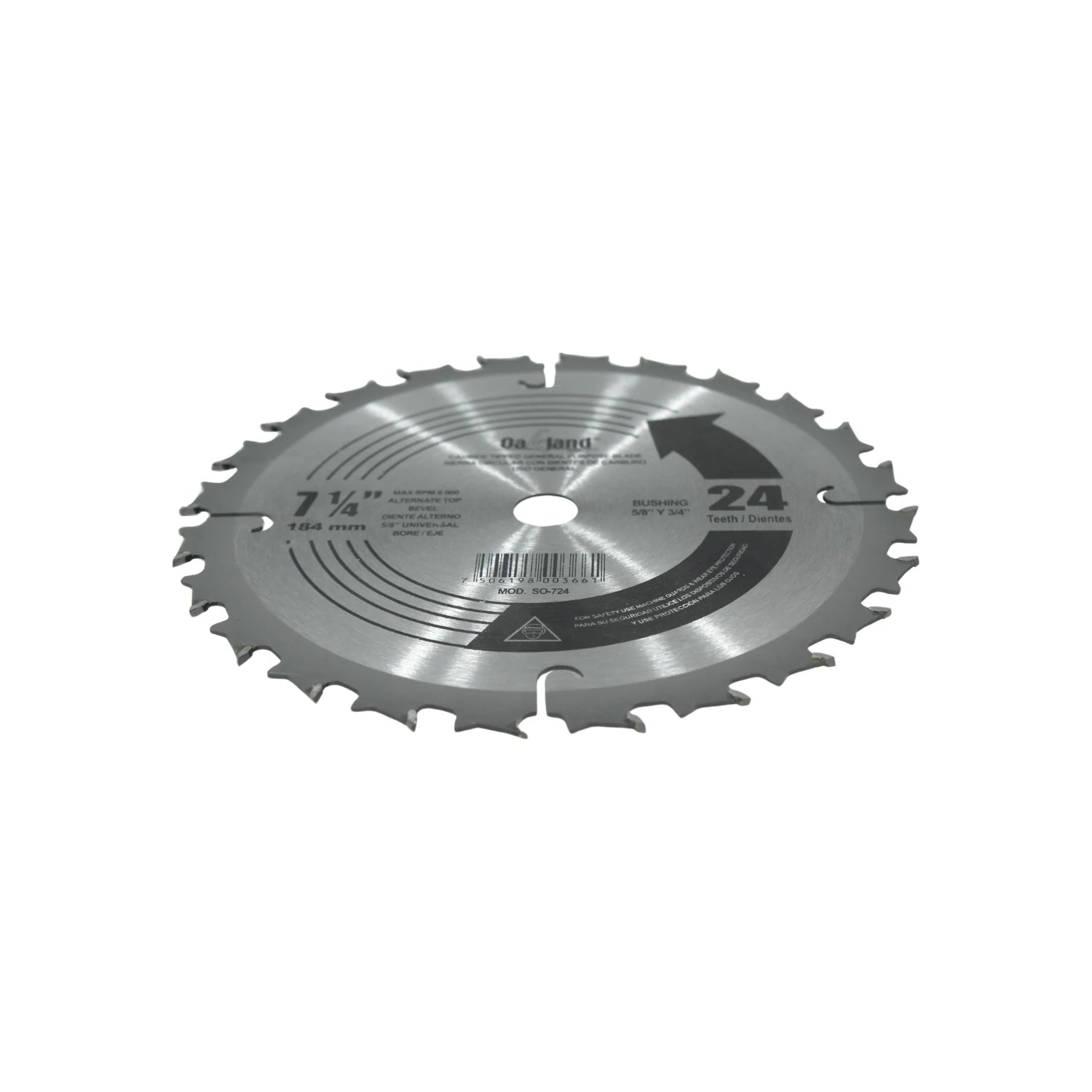 Disco sierra circular Oakland 7 1/4" 24 dientes, eje universal 5/8" y 3/4" para corte de madera.