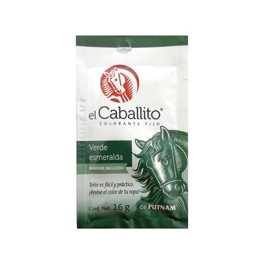 Colorante textil El Caballito Verde Esmeralda 16g con fijador para ropa, fácil de usar.