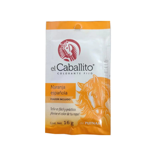 Colorante textil El Caballito naranja española 16g con fijador incluido para ropa; tiñe y revive el color fácilmente.