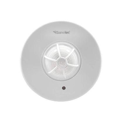 Sensor de movimiento Sanelec blanco para techo, tipo PIR, con lente multisegmento para amplia detección.