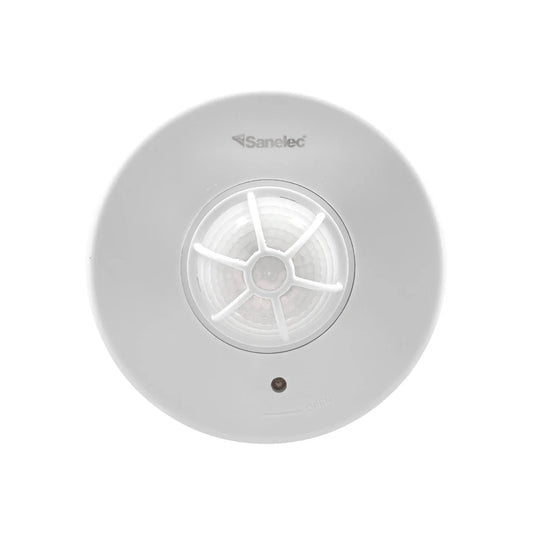 Sensor de movimiento Sanelec blanco para techo, tipo PIR, con lente multisegmento para amplia detección.