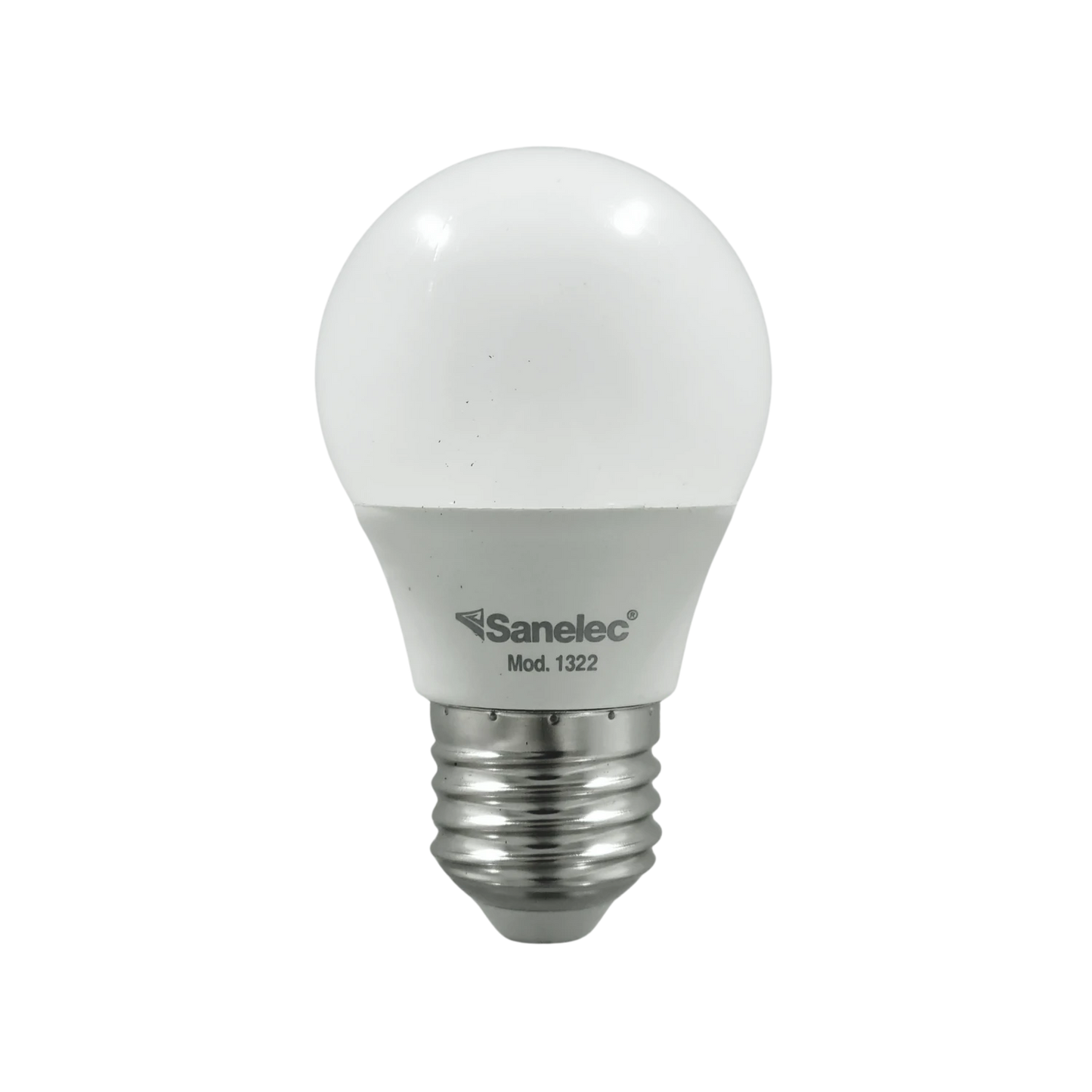 Foco LED Sanelec 1322 de 3W con luz fría, bombilla blanca tipo globo y base rosca E27.