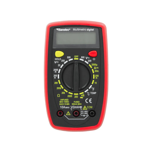 Multímetro digital Sanelec rojo para medir voltaje, corriente, resistencia y temperatura, ideal para electricidad.
