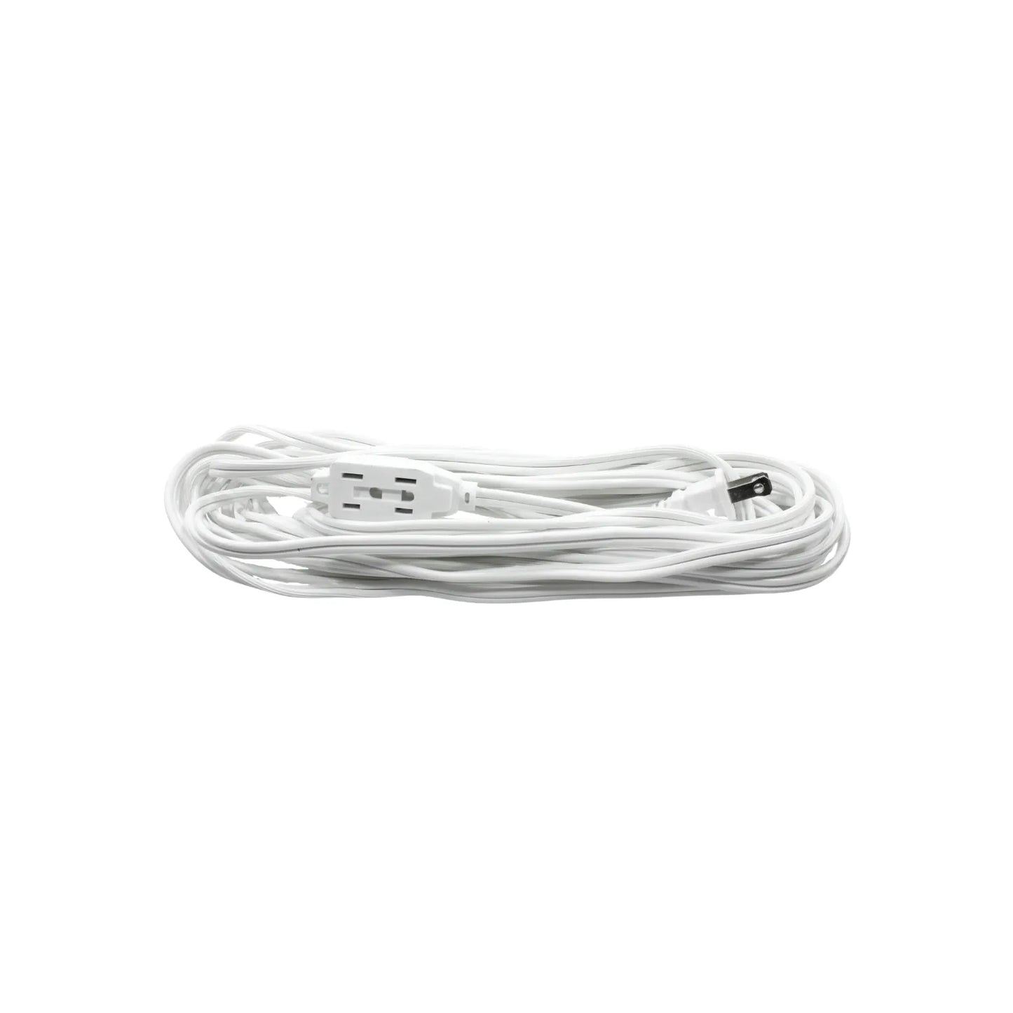 Cable de extensión blanco enrollado con 3 tomas polarizadas y enchufe de 2 clavijas para interiores.