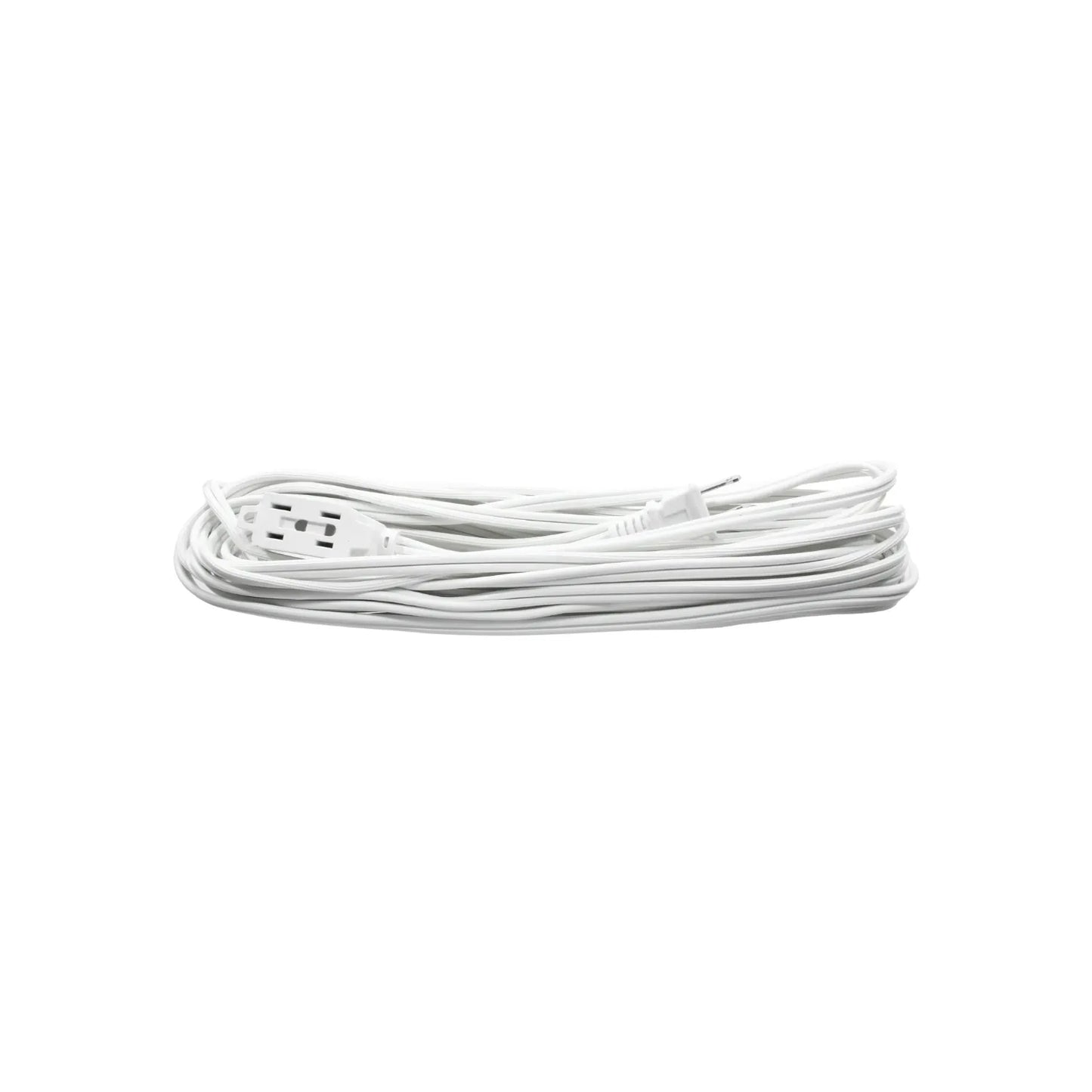 Extensión eléctrica blanca enrollada con múltiples tomas de corriente para hogar o taller