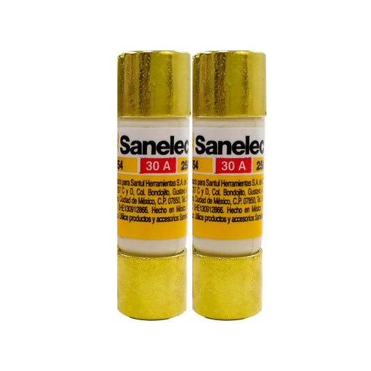 Fusibles eléctricos Sanelec 30 amperes, pack de 2 unidades, con cuerpo blanco y extremos dorados para protección.