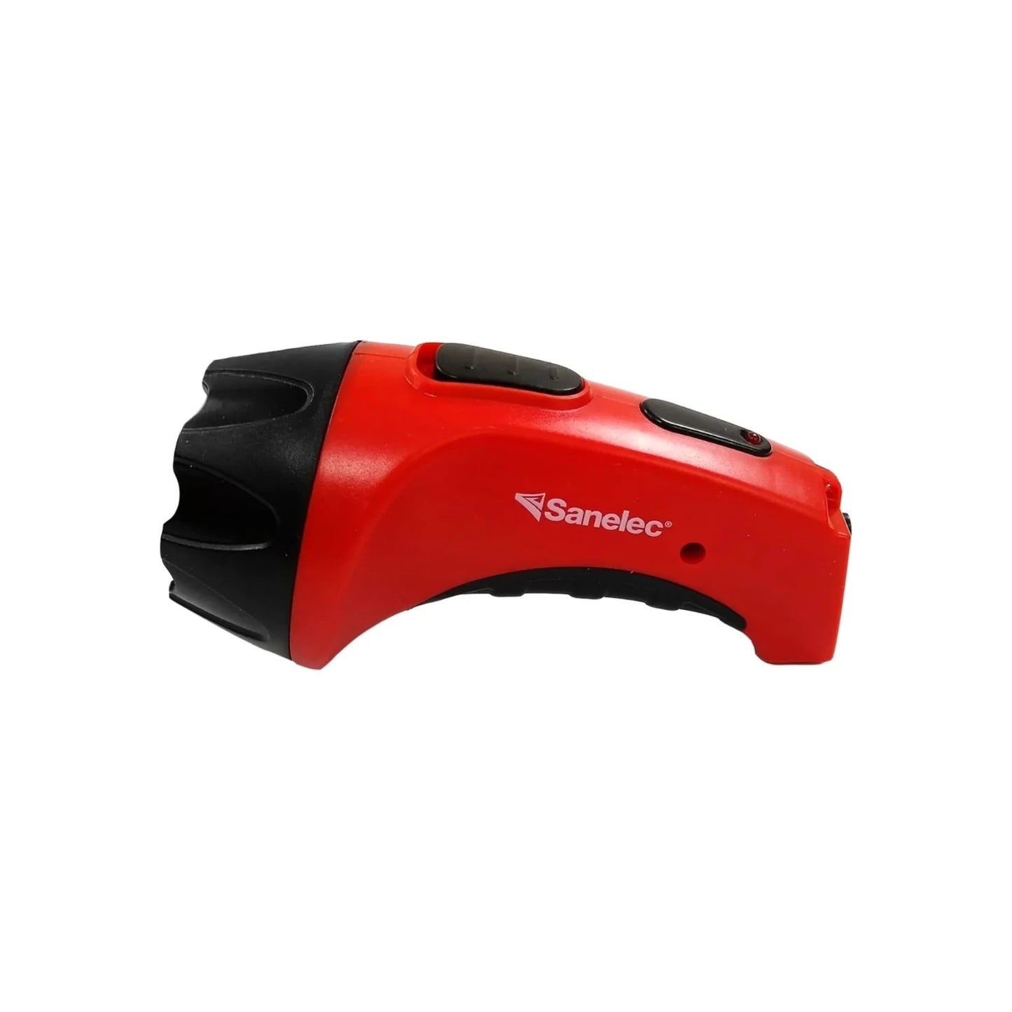 Linterna recargable Sanelec roja y negra con 4 LEDs, iluminación potente para ferretería.