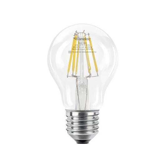 Foco LED Sanelec vintage 6W tipo globo luz fría, transparente con filamentos amarillos, rosca E27