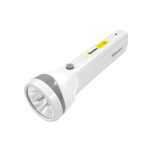 Linterna recargable Sanelec de 5 LEDs blanca con detalles grises, portátil y útil para emergencias